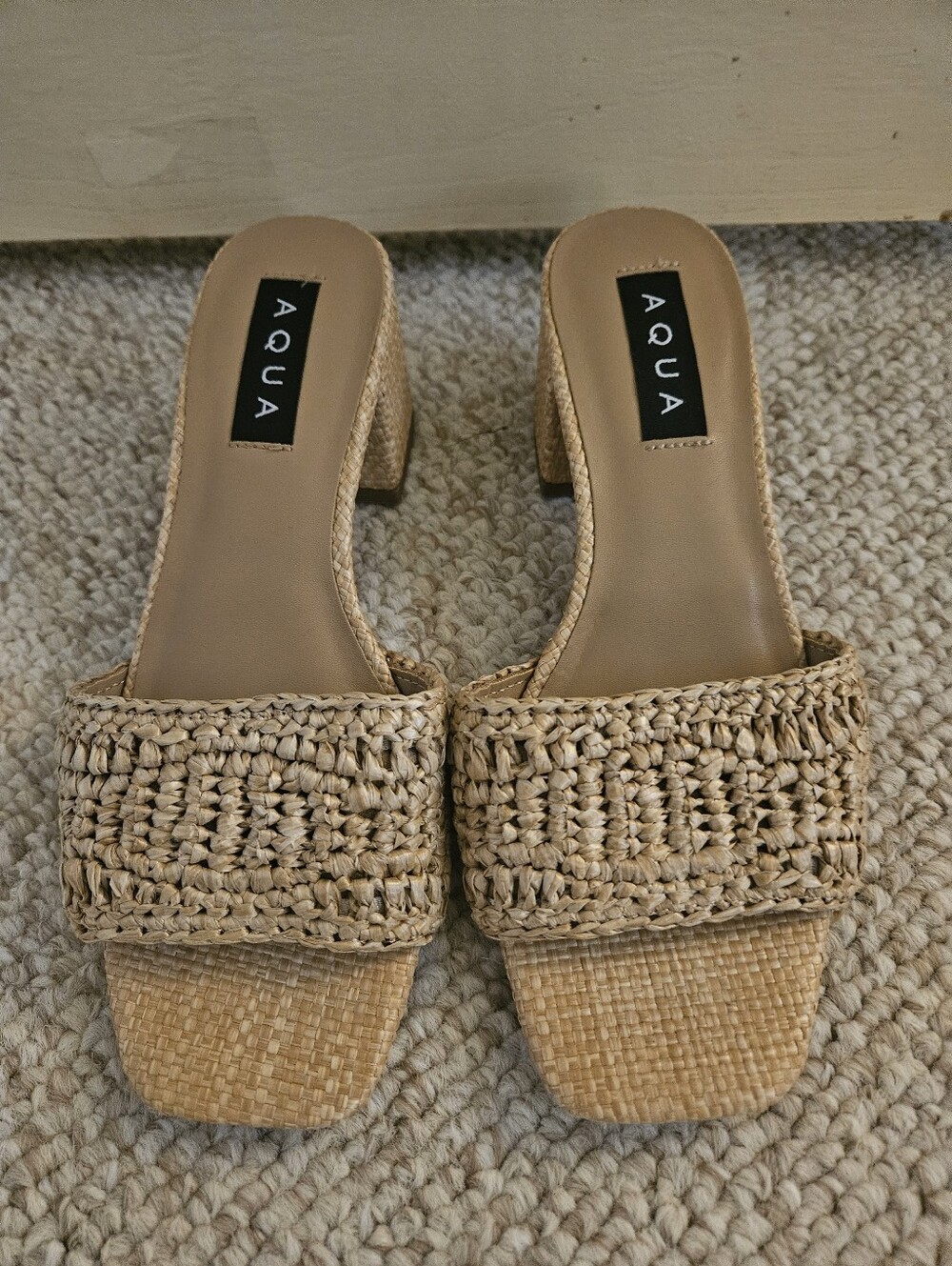 Aqua Beige Woven Block Heel Mules